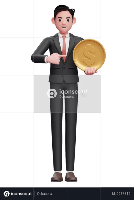 Businessman in formal suit pointing coin  3D Illustration