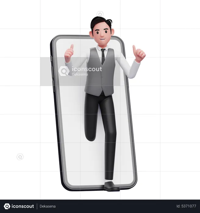 Businessman in gray office vest appears from inside the phone screen and giving a thumbs up  3D Illustration