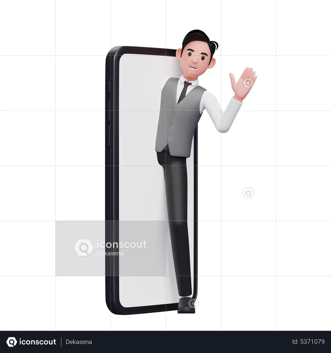 Businessman in gray office vest appears from the phone screen and says hi waving hand  3D Illustration