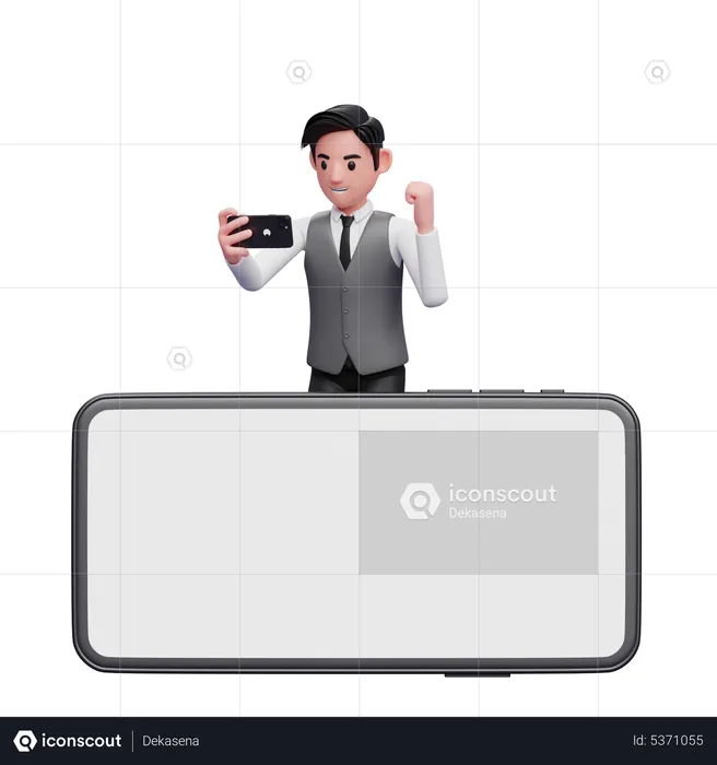 Businessman in gray office vest celebrating while looking phone screen behind big phone landscape screen  3D Illustration