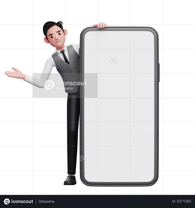 Businessman in gray office vest emerges from behind big phone with open hands  3D Illustration