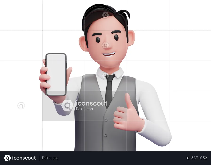 Businessman in gray office vest give thumbs up and showing phone screen to the camera=  3D Illustration