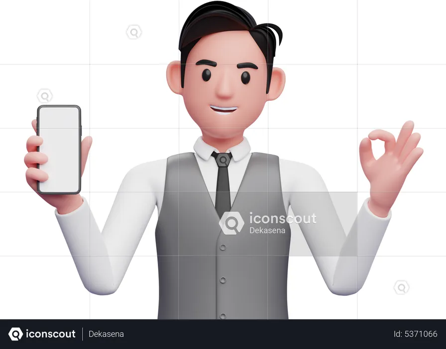 Businessman in gray office vest giving ok finger and holding a mobile phone  3D Illustration