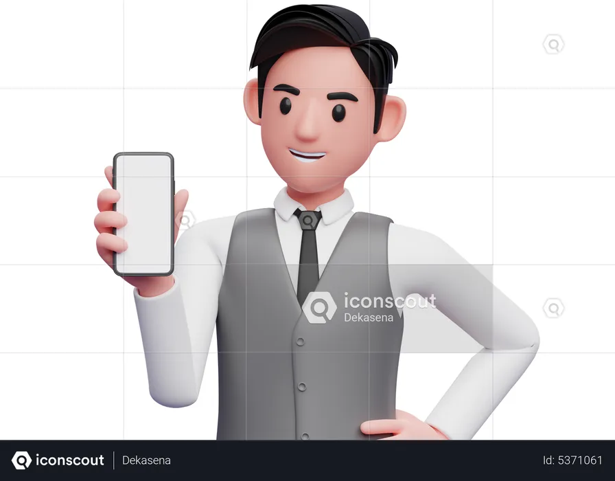 Businessman in gray office vest holding and looking to the phone and left hand on waist  3D Illustration