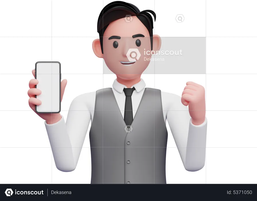 Businessman in gray office vest holding phone and celebrating  3D Illustration
