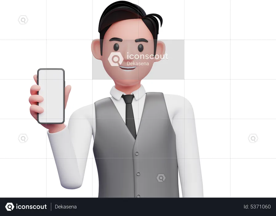 Businessman in gray office vest holding phone while tilting body  3D Illustration