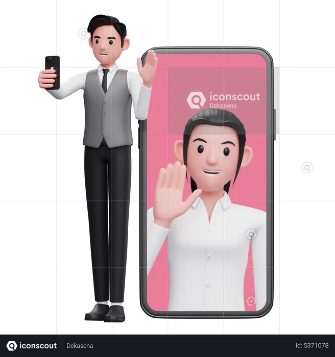 Businessman in gray office vest making video call with partner  3D Illustration