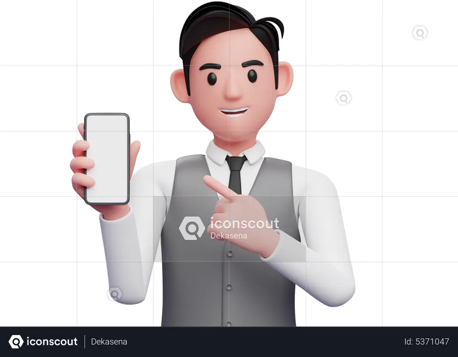 Businessman in gray office vest pointing cell phone with index finger  3D Illustration