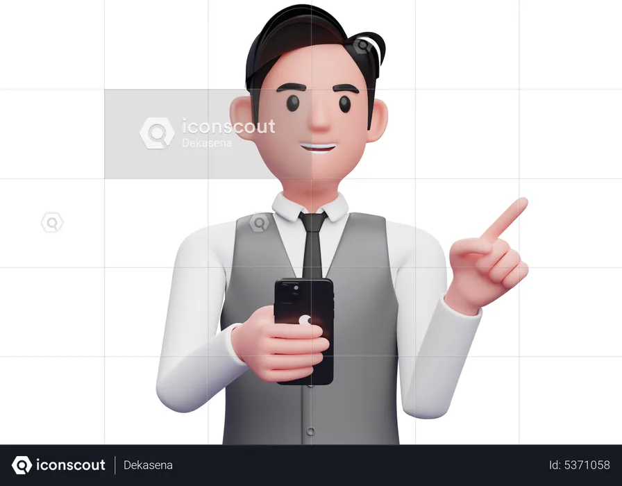 Businessman in gray office vest pointing to the side choosing gesture and holding a phone  3D Illustration