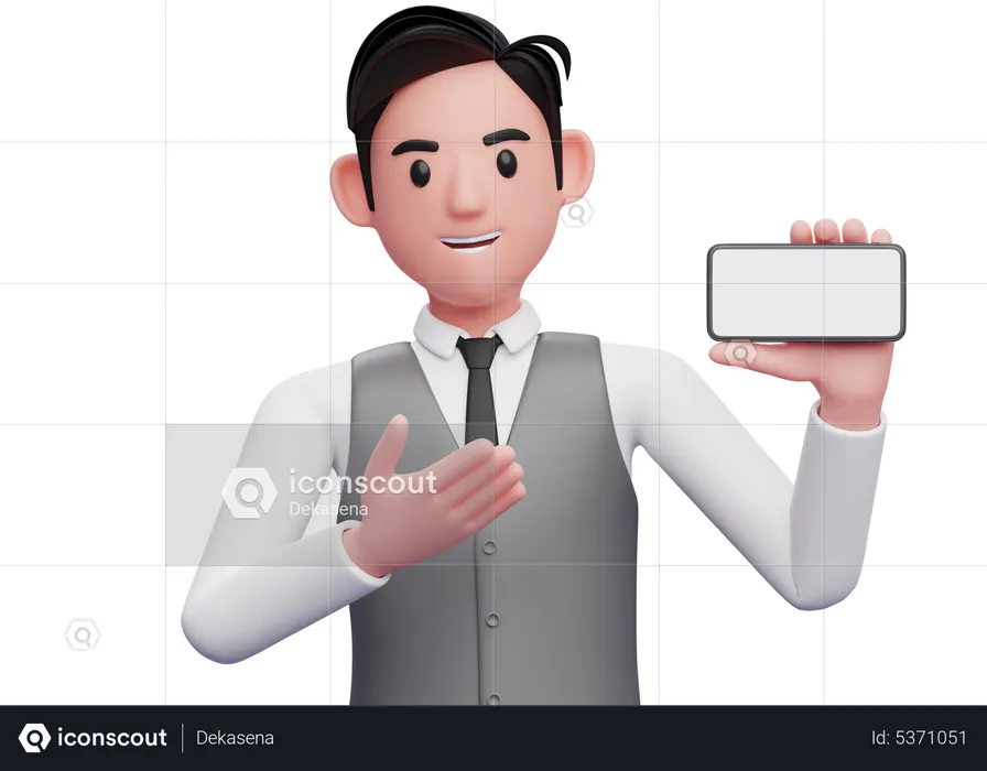 Businessman in gray office vest presenting pose with landscape phone  3D Illustration