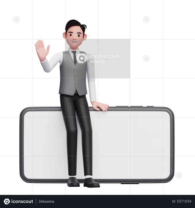 Businessman in gray office vest sitting on a big landscape phone and waving hand  3D Illustration