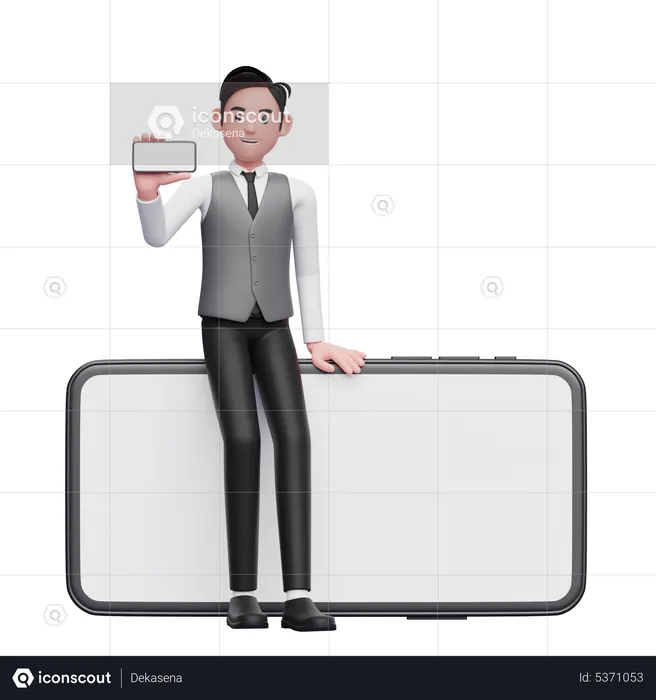 Businessman in gray office vest sitting on a big phone while showing the landscape phone screen  3D Illustration