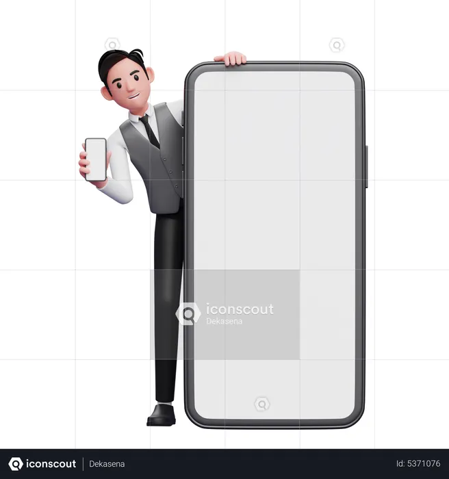 Businessman in gray office vest standing behind a big cellphone while showing the phone screen  3D Illustration