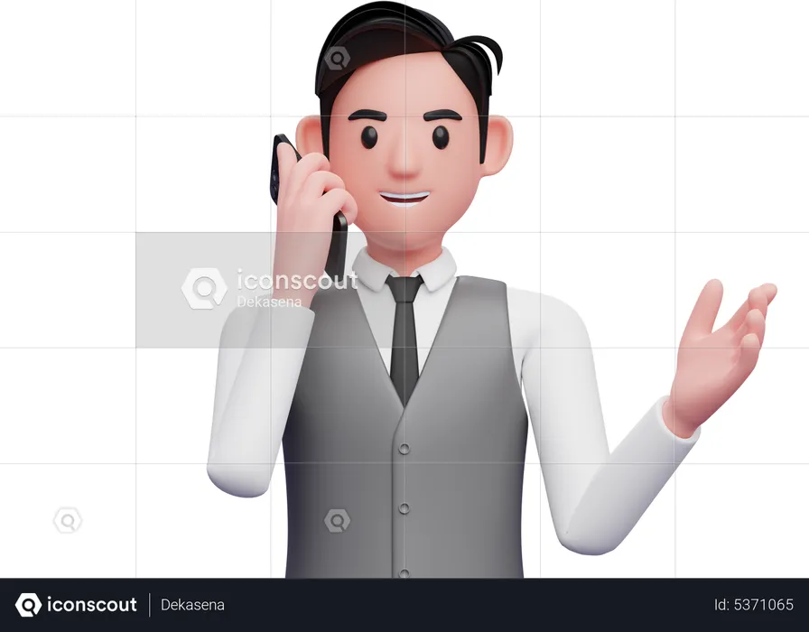 Businessman in gray office vest talking on phone while opening hands with gesture demonstrating  3D Illustration