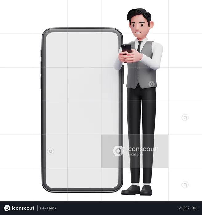 Businessman in gray office vest typing message on mobile phone with giant mobile phone ornament  3D Illustration