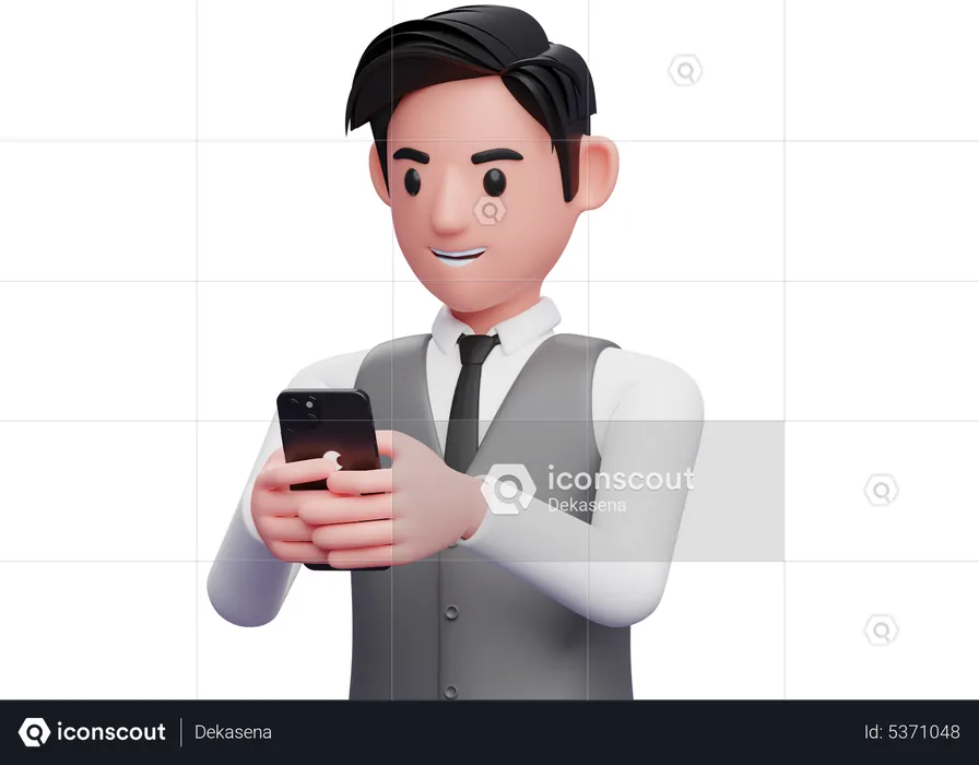 Businessman in gray office vest typing message with cell phone  3D Illustration