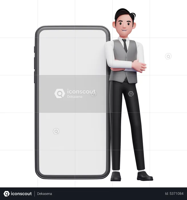 Businessman in gray vest crosses arms and leans on mobile phone with big white screen  3D Illustration