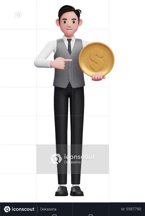 Businessman in gray vest pointing coin in his hand  3D Illustration
