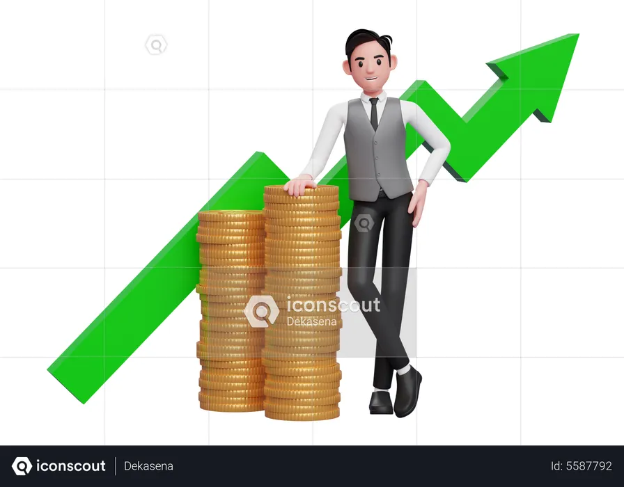Businessman in gray vest showing off pile of gold coins with positive statistics arrow ornament  3D Illustration