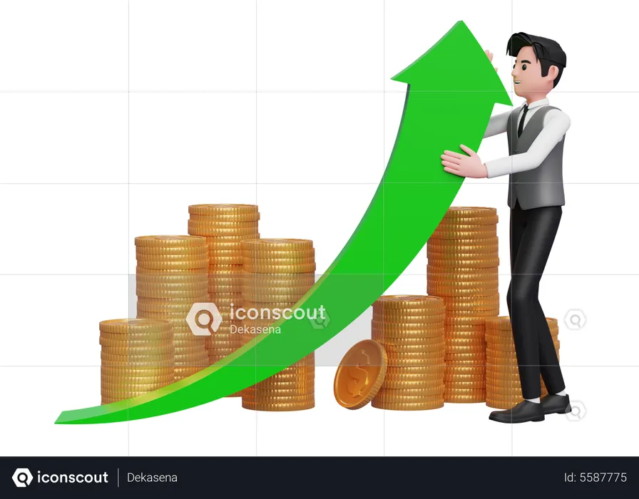 Businessman in gray vest trying to raise green arrow up, on gold coin pile ornament background  3D Illustration