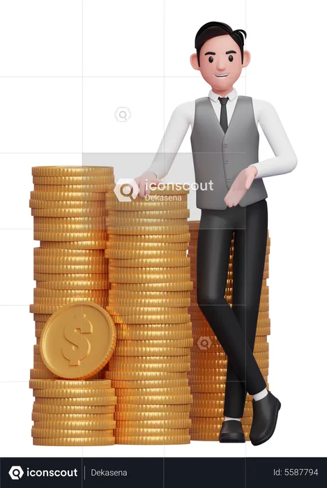 Businessman in grey vest blue tie standing with crossed legs and leaning on pile of gold coins  3D Illustration