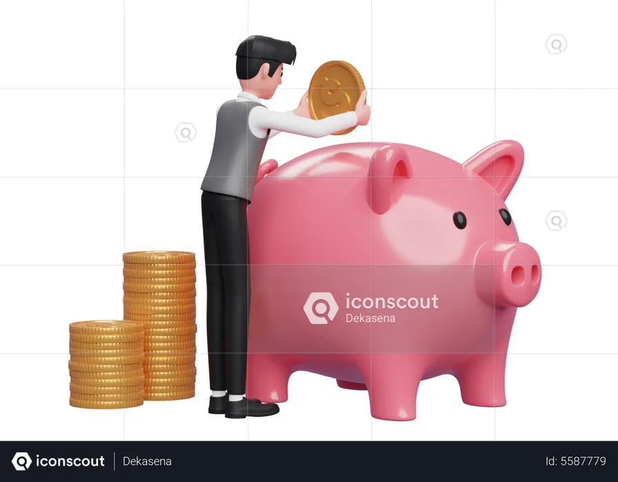Businessman in grey vest carefully keeps gold coins in pink piggy bank  3D Illustration