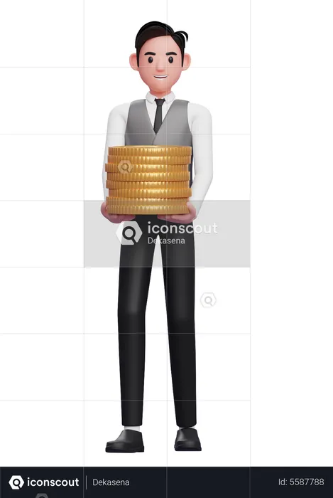 Businessman in grey vest carry piles of gold coins  3D Illustration