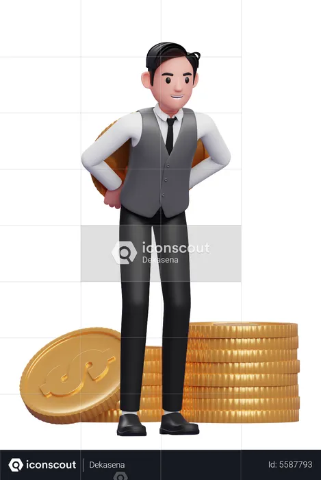Businessman in grey vest carrying a giant dollar coin on his back  3D Illustration