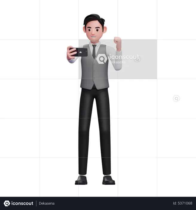 Businessman in grey vest celebrating while looking at the phone screen  3D Illustration