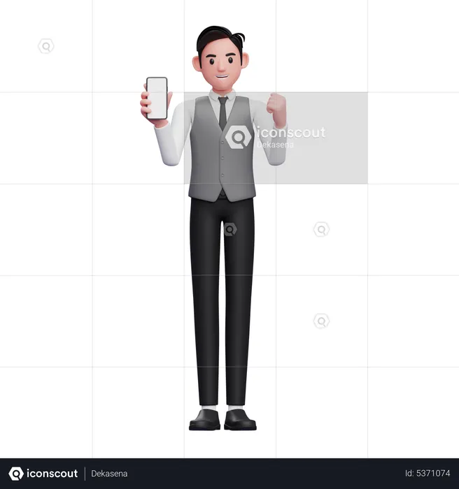 Businessman in grey vest doing winning gesture with showing phone screen  3D Illustration