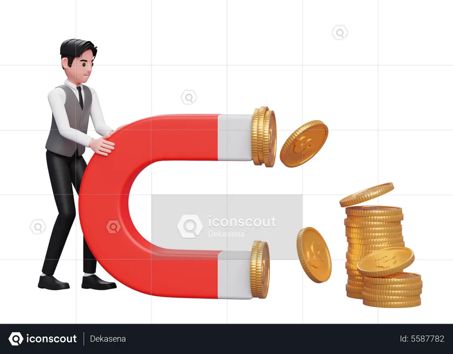 Businessman in grey vest Hold a Big Magnet To Attract Coins  3D Illustration