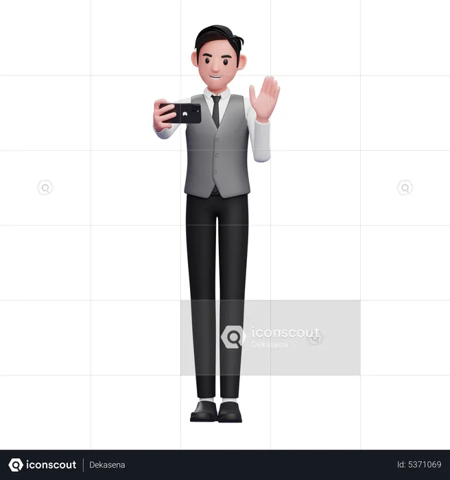 Businessman in grey vest make video calls  3D Illustration