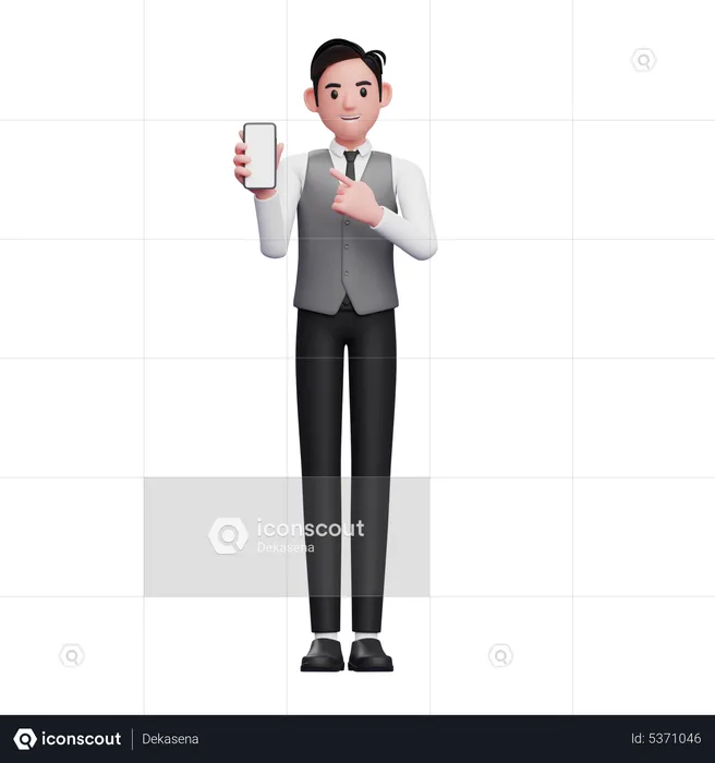 Businessman in grey vest pointing to phone screen  3D Illustration