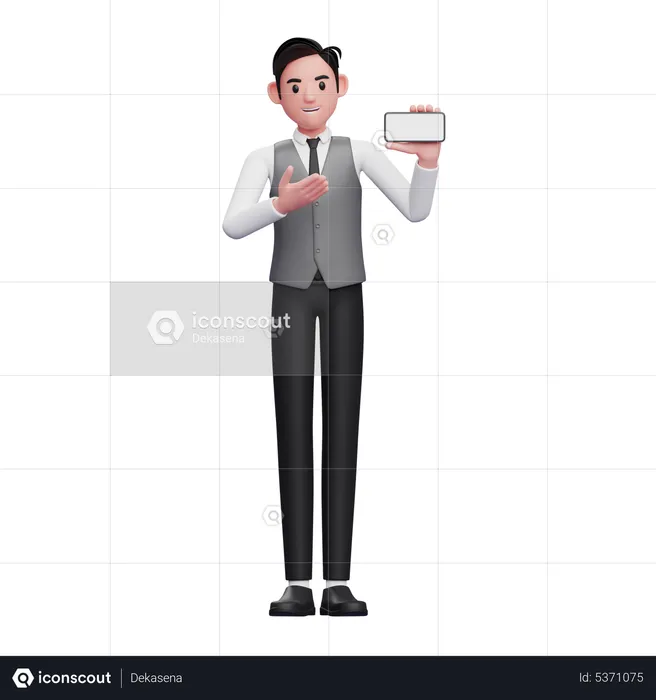 Businessman in grey vest presenting with a landscape phone screen  3D Illustration