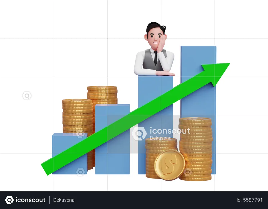 Businessman in grey vest putting her chin in hand while leaning on bar chart Stock growth  3D Illustration