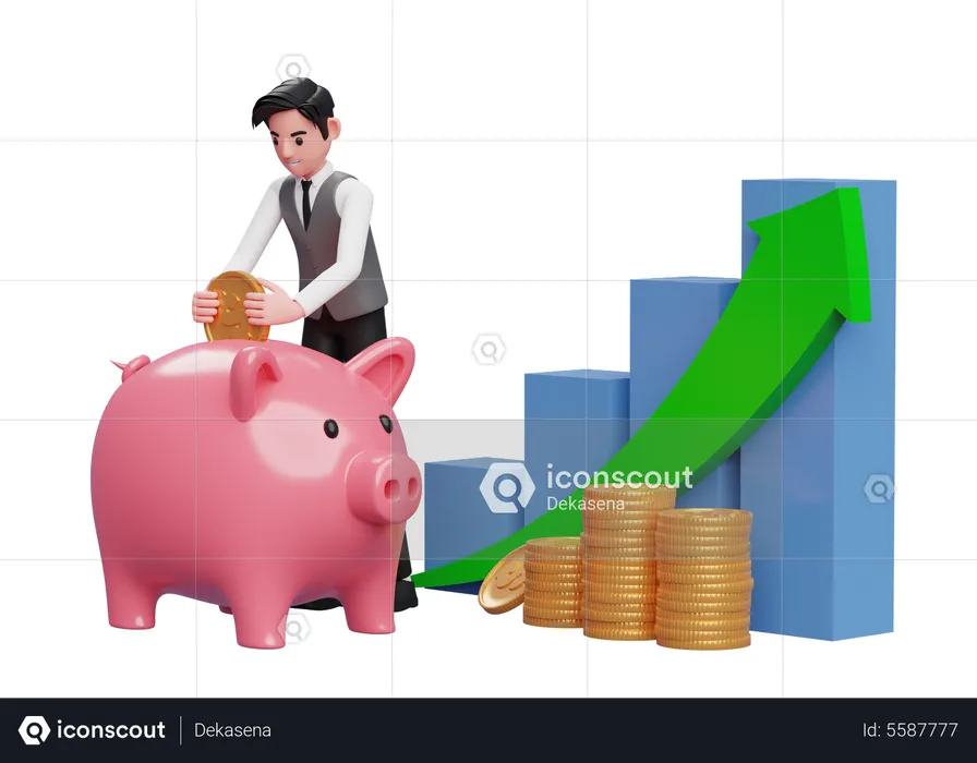 Businessman in grey vest saving gold coins into piggy bank with bar chart and green arrow up  3D Illustration