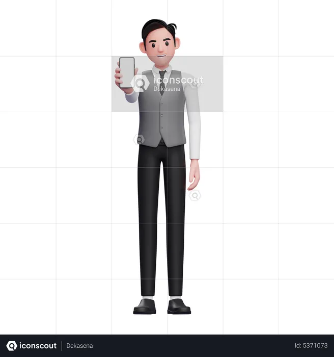 Businessman in grey vest showing phone screen to the camera  3D Illustration