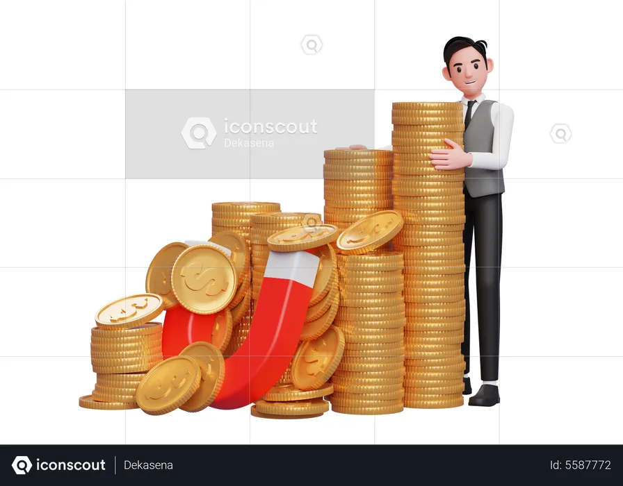 Businessman in grey vest standing hugging pile of gold coins caught by magnet  3D Illustration