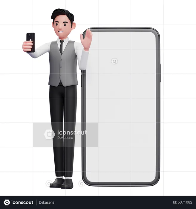 Businessman in grey vest standing while making video call and waving hand on big phone background  3D Illustration