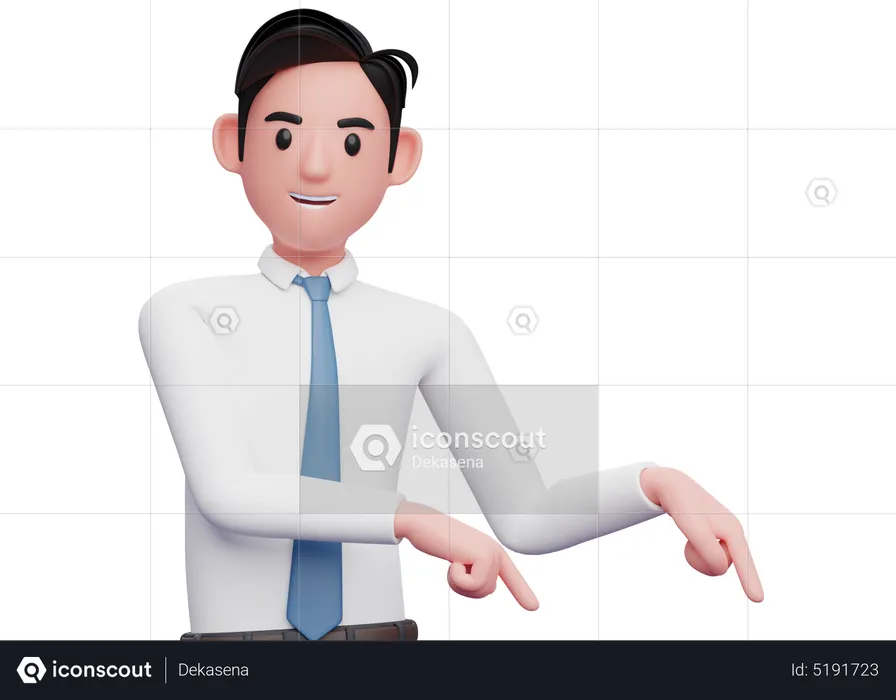 Businessman in white pointing to the lower right corner inviting to subscribe  3D Illustration