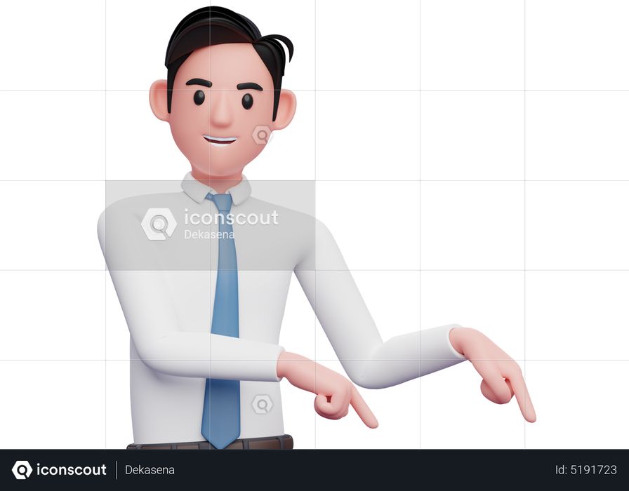 Businessman in white pointing to the lower right corner inviting to subscribe 3D Illustration