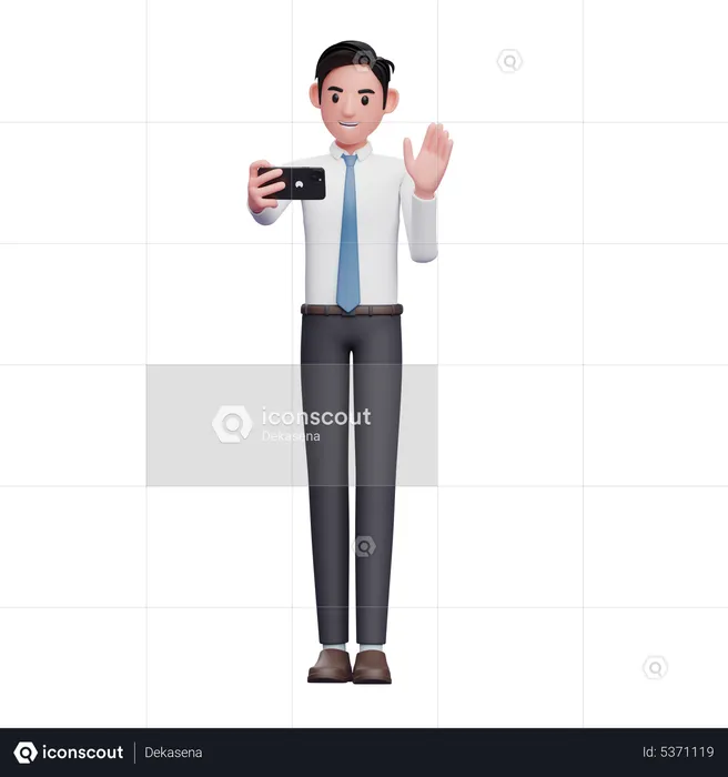Businessman in white shirt and blue tie make video calls  3D Illustration