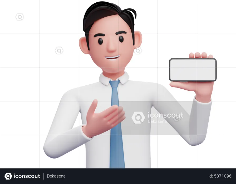 Businessman in white shirt and blue tie presenting landscape screen phone  3D Illustration