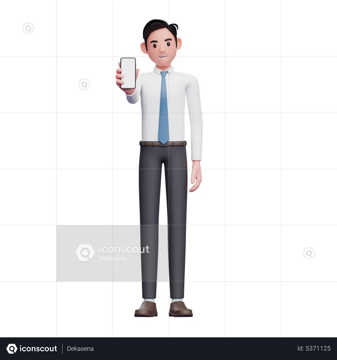 Businessman in white shirt and blue tie showing phone screen  3D Illustration