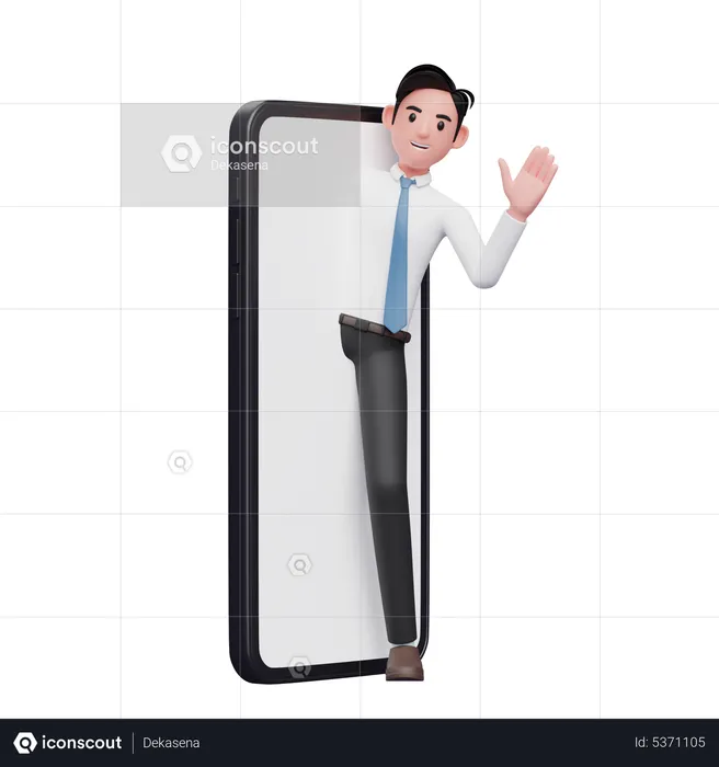 Businessman in white shirt appears from the big phone screen and say hi  3D Illustration