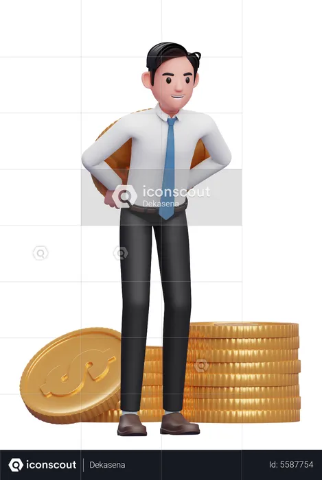 Businessman in white shirt blue tie carrying a giant coin on his back  3D Illustration