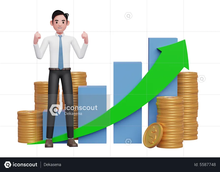 Businessman in white shirt blue tie celebrating with clenched fists in front of positive growing bar chart with coin ornament  3D Illustration