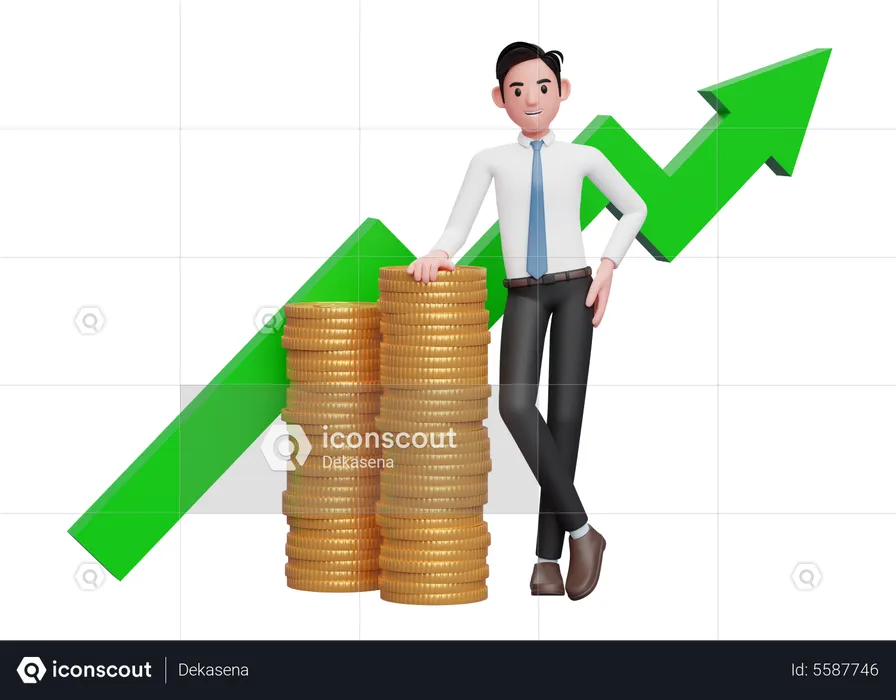 Businessman in white shirt blue tie leaning on pile of gold coins with growing statistics ornament on the back  3D Illustration