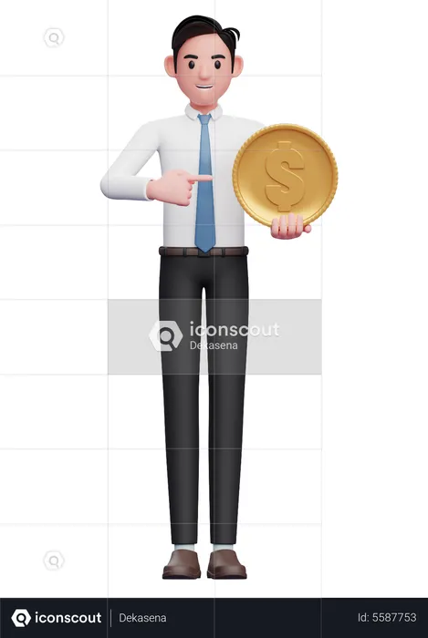 Businessman in white shirt blue tie pointing coin  3D Illustration