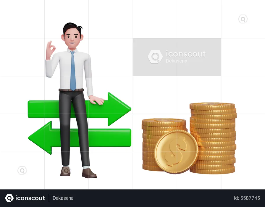 Businessman in white shirt blue tie sitting on exchange rate icon with hand gesture ok finger  3D Illustration